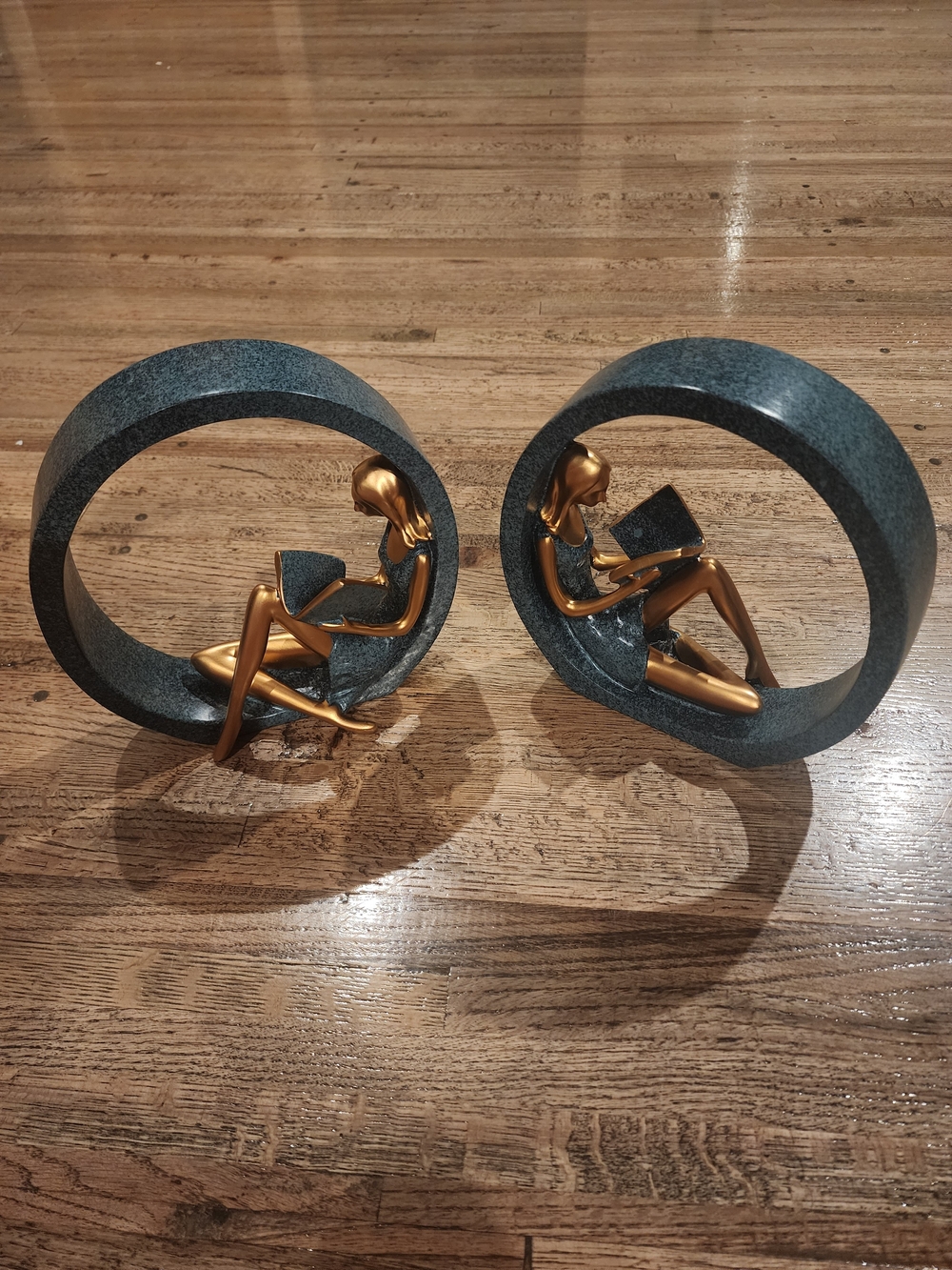 Modern Gold Reader Sculptures in Gray Circular Frames - Pair